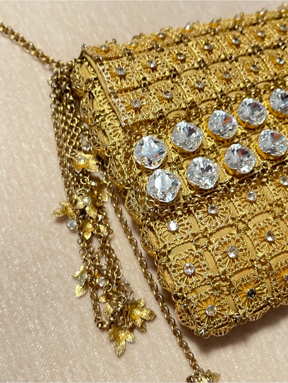 Gold Mesh Crystal-Embellished Evening Clutch